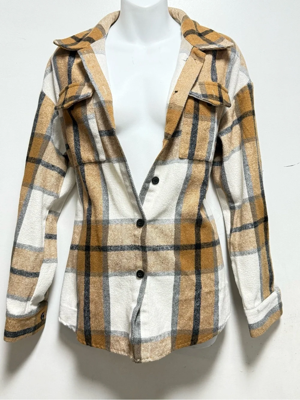 Classic Plaid Button-Front Women’s Sweater Jacket - Tan & White